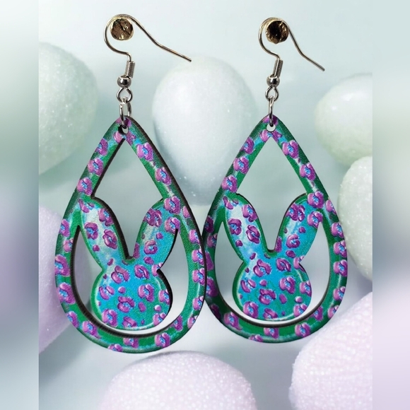 Wood Purple & Blue Teardrop Bunny Earrings - Picture 1 of 4